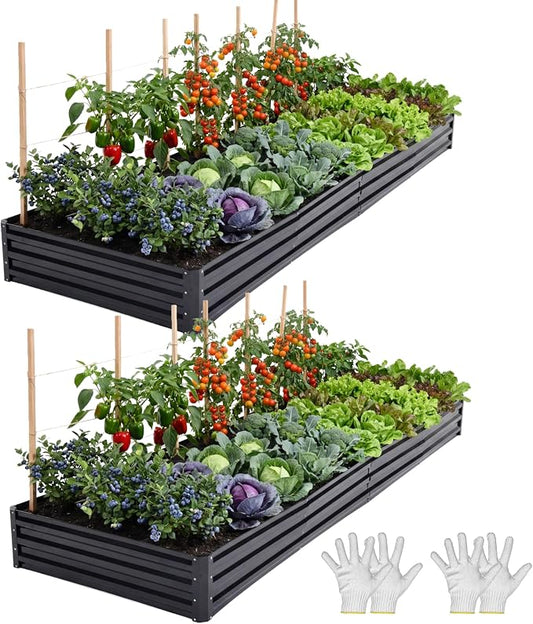 YITAHOME 2pcs 12x4x1ft Galvanized Raised Garden Bed, Metal Planter Box with Safety Rubber, Gloves, Outdoor Flower Bed for Planting Plants Vegetables, Black