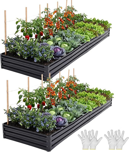 YITAHOME 2pcs 8x4x1ft Galvanized Raised Garden Bed, Metal Planter Box with Safety Rubber, Gloves, Outdoor Flower Bed for Planting Plants Vegetables, Black