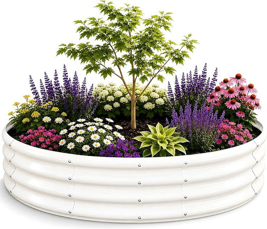6FT Round Raised Garden Bed, Thickened Galvanized Metal Planter Box for Vegetables, Flowers & Herbs, Rust-Resistant Outdoor Gardening Bed with Modern White Finish & Easy DIY Assembly