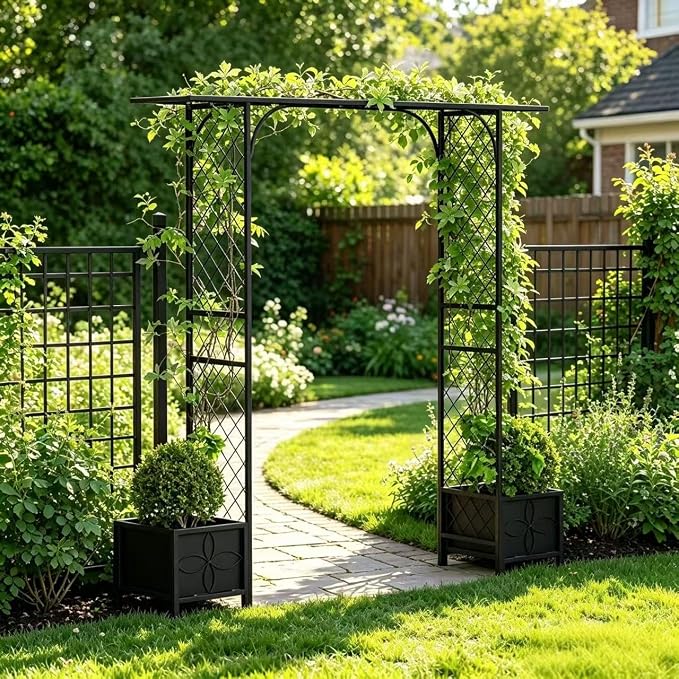 Zhongma Metal Garden Arbor with Planters, 83.5'' High x 90.5'' Wide, Outdoor Arch for Climbing Plant, Decorations Pergola with Plant Baskets …