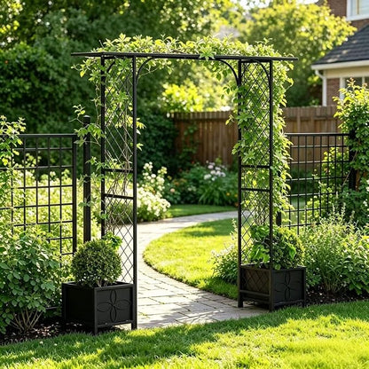 Zhongma Metal Garden Arbor with Planters, 83.5'' High x 90.5'' Wide, Outdoor Arch for Climbing Plant, Decorations Pergola with Plant Baskets …