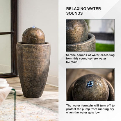 XBrand 25.98" Modern Sphere Water Fountain with LED Light – Indoor Outdoor Stone Texture Floor Fountain, Zen Bubbling Ball Water Feature for Garden Patio Porch - Bronze