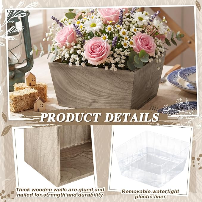 Dandat 2 Set Wooden Centerpiece Box for Wedding Table Decor 8 Inch Rustic Wood Planter Box with Removable Plastic Liner Flower Boxes for Party Wedding Baby Shower Home Garden Decor(Brown)