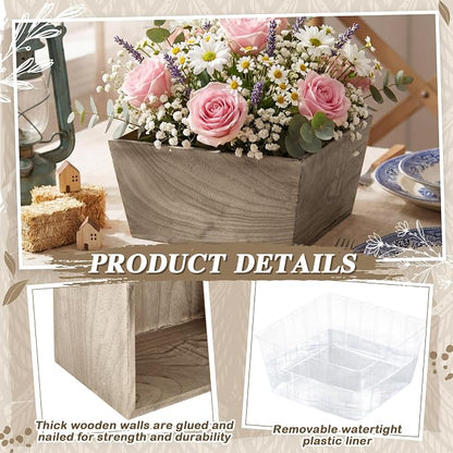 Dandat 2 Set Wooden Centerpiece Box for Wedding Table Decor 8 Inch Rustic Wood Planter Box with Removable Plastic Liner Flower Boxes for Party Wedding Baby Shower Home Garden Decor(Brown)