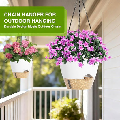 LEWESU Set of 2 Hanging Planters for Indoor Plants with Self Watering Includes Hanging Pots and 2 Types Plant Hangers, Outdoor Hanging Baskets Holder for Home Garden, 10 Inch Oyster White