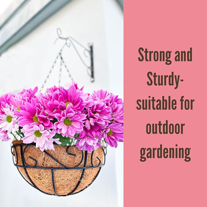 LaLaGreen Hanging Planter for Outdoor Plants (16 Inch, 6 Pack) Hanging Baskets with Coco Liner, Black Metal Wire Flower Basket Pots with Hook Hanger Balcony Porch Farmhouse Country Style Garden Decor