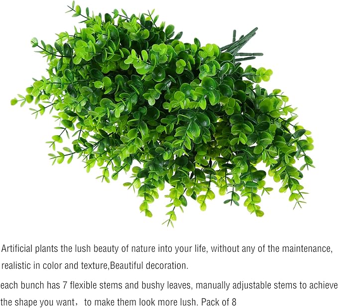 XLFAQXM Artificial Plants Flowers Grass Shrubs 8 Pack No Fade Faux Plastic Flowers Outdoor for Farmhouse Garden Porch Patio Indoor Wedding Decoration Greenery Fake Plants uv Resistant (1#Green)