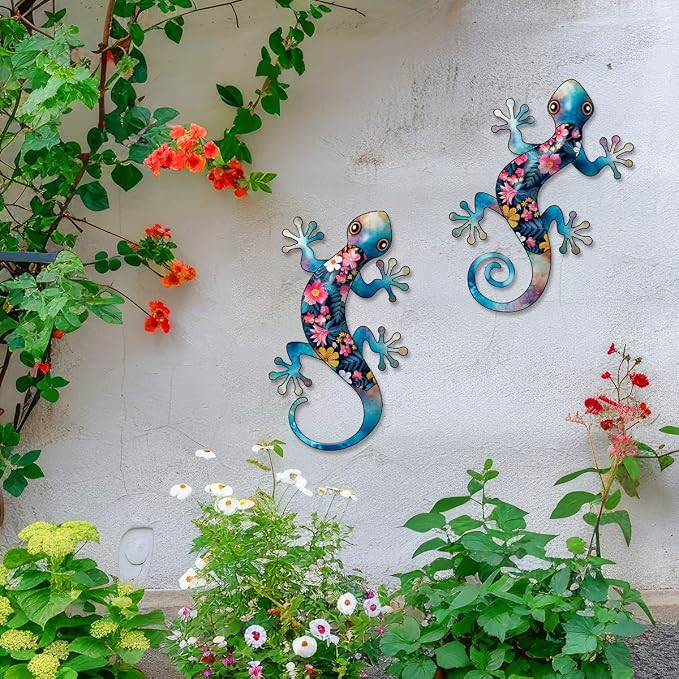 Metal Gecko Outdoor Decor -2 Pack 11.8 inch Metal Lizard Wall Hanging Sculpture Decoration for Indoor or Outdoor, Garden Yard Fence Porch Wall Decor, Gift for Mom Dad Friends (Blue)