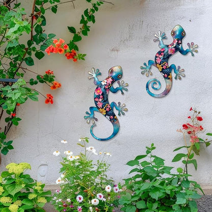 Metal Gecko Outdoor Decor -2 Pack 11.8 inch Metal Lizard Wall Hanging Sculpture Decoration for Indoor or Outdoor, Garden Yard Fence Porch Wall Decor, Gift for Mom Dad Friends (Blue)
