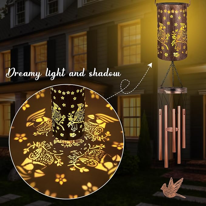 YHmall Cardinal Wind Chimes for Outside, Solar Hanging Lights Windchimes Outdoor Cardinal Gifts for Women, Mom, Memorial Wind Chimes Garden Decor as Gifts for Women