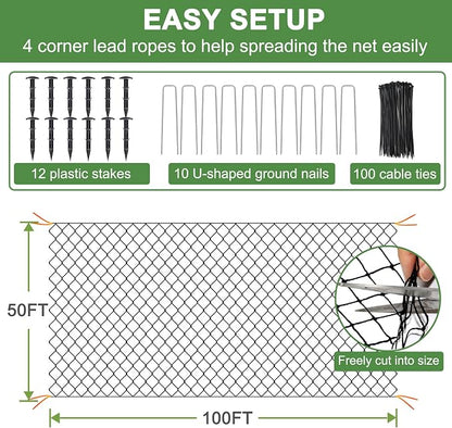 Bird Netting - 50’ x 100’ Garden Net with 1” Square Mesh Protect Fruit Trees from Poultry and Deer, Heavy Duty Garden Netting as Fruit Net, Aviary Netting for Farm, Orchard