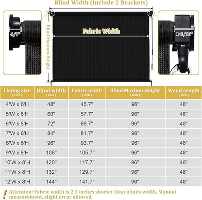 Shade&Beyond Outdoor Roller Shades with Splicing Design, 11' W x 8' H Cordless Patio Roll Up Blinds, Exterior Shade Cloth Roll for Porch, Gazebo, Pergola, Balcony, Black