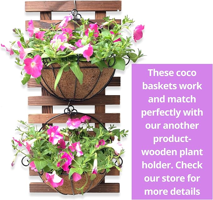ShopLaLa Wall Hanging Planter for Outdoor Plants (12 Inch, 2 Pack) Wall Mounted Flower Baskets with Coco Liner for Outside Plant, Fence Railings Pots Holder Balcony Deck Porch Modern Garden Decor