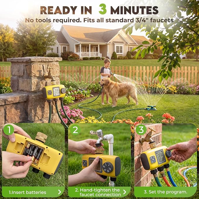 3 Zone Sprinkler Timer for Garden Hose,Garden Hose Timer with Brass Inlet,Programmable Automatic&Manual Irrigation System with LCD Display for Yard/Lawn/Pool,Rain Delay,IPX5 Waterproof