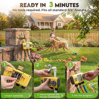 3 Zone Sprinkler Timer for Garden Hose,Garden Hose Timer with Brass Inlet,Programmable Automatic&Manual Irrigation System with LCD Display for Yard/Lawn/Pool,Rain Delay,IPX5 Waterproof