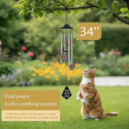 YU FENG Butterfly Memorial Wind Chime, Crystal Suncatcher Outdoor Decor | 34 Inch Metal Wind Chime, Butterfly Design, Sympathy Bereavement Gift, Garden Yard Patio Hanging Decoration