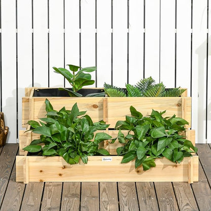 Outsunny 3-Tier Raised Garden Bed with 5 Compartments and Bed Liner, Fir Wood Elevated Planter Box, for Vegetables, Herbs, Outdoor Plants, 37 x 37 x 14in, Natural