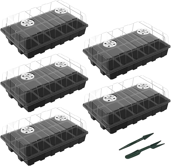 Gardzen 5-Pack Seed Starter Kits, Reusable Plant Germination Trays with Total 75-Cell, Seed Starter Tray with Humidity Vented Domes and Bases for Starting Vegetable Flower Herb Seeds 15" x 9", Black