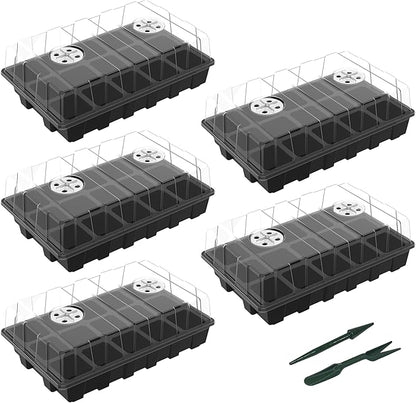 Gardzen 5-Pack Seed Starter Kits, Reusable Plant Germination Trays with Total 75-Cell, Seed Starter Tray with Humidity Vented Domes and Bases for Starting Vegetable Flower Herb Seeds 15" x 9", Black