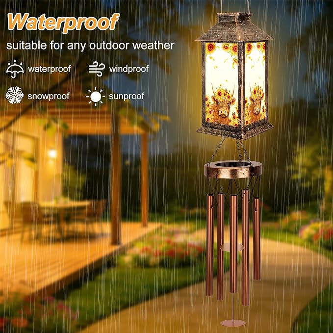 YHmall Highland Cow Wind Chimes for Outside, 37" Windchimes Outdoor Memorial Gifts for Women Mom Grandma, Hanging Solar Lantern Wind Chimes for Patio Garden Outdoor Decor