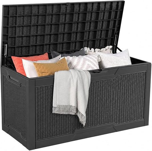DWVO 100 Gallon Outdoor Storage Box, Lockable Water Resistant Deck Box for Patio, Essentials, Tools, Supplies - Black