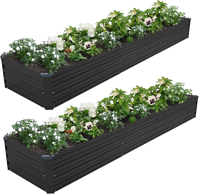 2PCS 12x2x1ft Galvanized Raised Garden Bed Kit,Gardening Planter Box | Outdoor Elevated Metal Planter Box For Vegetables, Flowers, Herbs, Anti-Rust Galvanized Steel, Open Drainage, Sturdy (Black)
