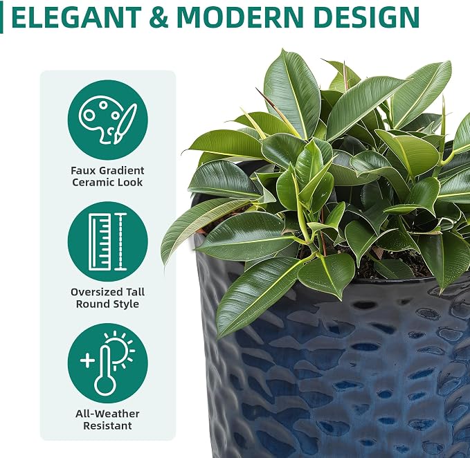 23.75" Cobalt Blue Plastic Tall Planters with Honeycomb Texture | Set of 2 PP tall planters with cobalt blue honeycomb texture, drainage plugs, and UV-treated finish for porch or patio