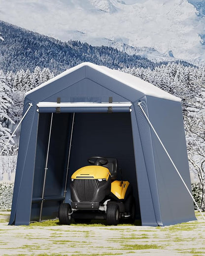 7x12 ft Outdoor Storage Shed, Portable Carport with Roll-up Ventilated Zipper Door and Windows, Heavy Duty Waterproof Tarp, Storage Sheds for Motorcycle, Bike, Firewood, Garden Tools