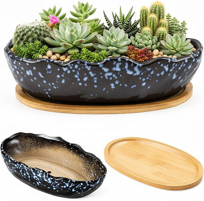 Succulent Pot 10 Inch Large Succulent Planters with Drainage Ceramic Bonsai Pot with Bamboo Tray Round Shallow Planter for Indoor Cactus Flower Planter Window Box for Home Garden Decor (Starry Blue)