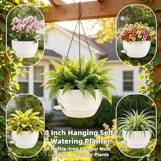 Set of 4-8 Inch Self Watering Hanging Planters for Indoor Outdoor，Hanging Plant Pots with Drainage & Removable Tray, Hanging Pots Holder for Ivy, Pothos, Ferns, Balcony & Patio, White