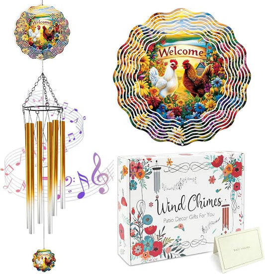 Chicken Wind Chimes for Outside with Wind Spinner, Summer Garden Patio Yard Porch Decor, Floral Hen Wind Chime with Gift Box, Summer Birthday Housewarming Gifts for Women Grandma Nana