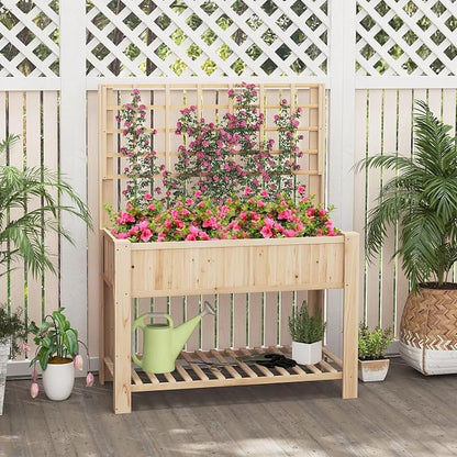 Giantex Raised Garden Bed with Trellis, Wooden Elevated Planter Box with Legs, Drainage Holes for Climbing Plants Vines Vegetables Flowers Herbs, Outdoor Horticulture Planter for Patio Backyard
