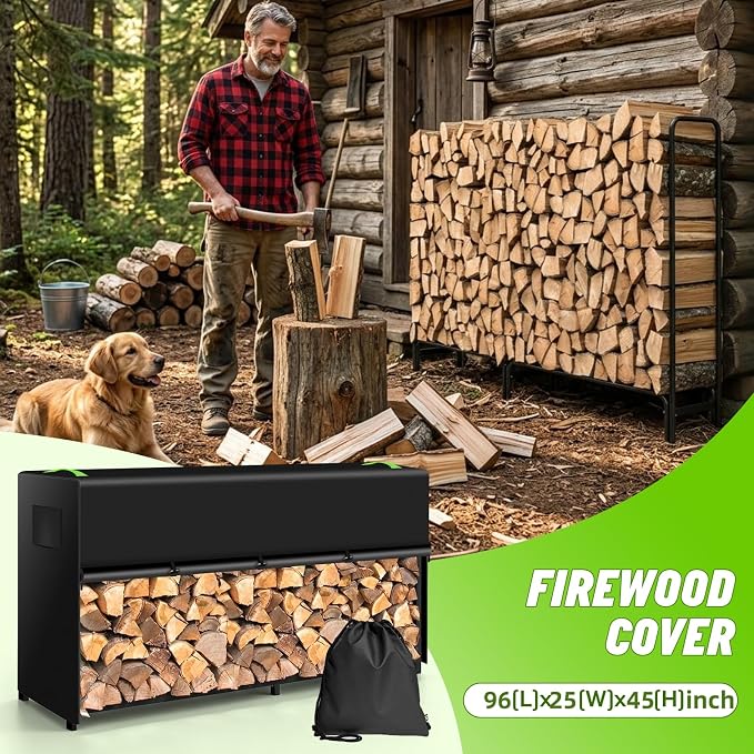 8ft Firewood Rack Cover, 600D Outdoor Waterpoof Log Rack Cover | Front Roll-up Openings, Reflective Handles, Retaining Clips, Air vents, Firewood Rack Cover ( Cover Only) , 95x25x45"