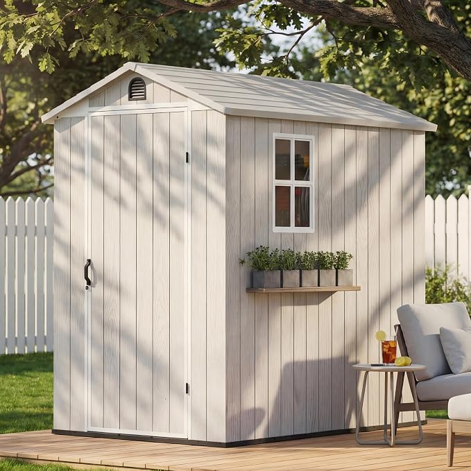 Devoko 4×6 FT Resin Storage Sheds with Floor, Plastic Outdoor Tool Shed with Windows, Waterproof Outside Sheds and Lockable Doors for Backyard Lawn Garden, Light Gray