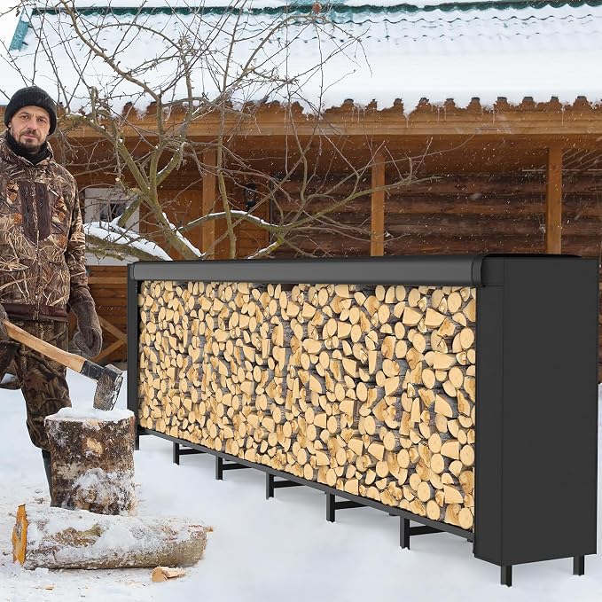 CADUKE 8ft Firewood Rack with Cover, Heavy Duty Fire Wood Rack Outdoor & Indoor, Firewood Storage Log Rack with Weather Resistant 600D Oxford Fabric Cover