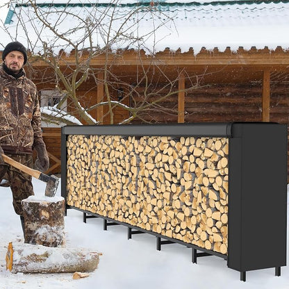 CADUKE 8ft Firewood Rack with Cover, Heavy Duty Fire Wood Rack Outdoor & Indoor, Firewood Storage Log Rack with Weather Resistant 600D Oxford Fabric Cover