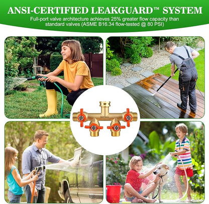 4 Way Brass Hose Splitter Full Flow with Metal Handle - Heavy Duty Spigot Splitter with Shut Off Valve, 3/4" GHT Garden Tap Connector