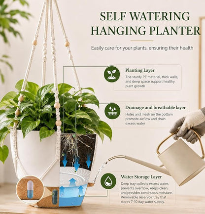 10 Inch Self Watering Hanging Planters, 2 Pack, Visible Water Window | Drainage Holes, Cotton-wick Reservoir, Metal Chain & Macrame Plant Hangers for Indoor & Outdoor Plants