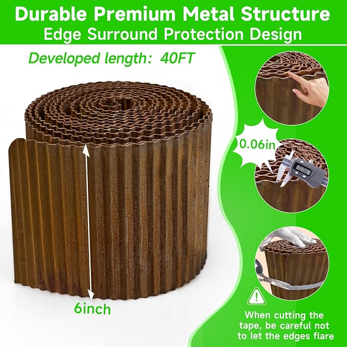 Corrugated Garden Edging,6"×40Ft Pre-Rusted Landscape Edging & Lawn Edging Border,Metal Garden Border for Flower Beds,Garden,Lawn,Raised Beds & Tree Surrounds