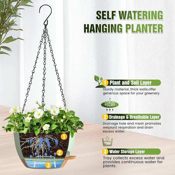 8 Inch Self Watering Hanging Planters Set of 3 with Saucers | Set of 3 8-inch self-watering hanging planters with side-fill watering ports, chain hangers & snap-on saucers