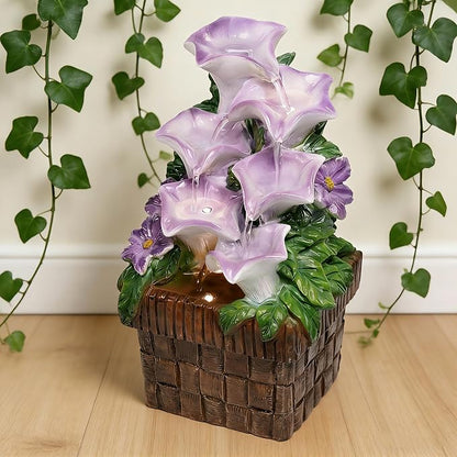 Tabletop Water Fountain Purple Water Fountains Indoor Morning Glory Themed Lavender Desk Fountain with Light for Home Heavenly Blue Zen Water Fountain for Room Relaxation Meditation(Lavender)