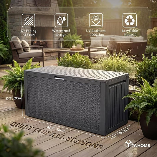 YITAHOME 95 Gallon Large Outdoor Deck Box | Lockable Waterproof Resin Storage Box with Handles, Weatherproof & UV Resistant, Patio Garden Tool Container for Outdoor