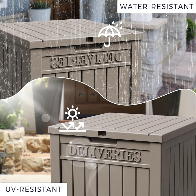 50-Gallon Package Delivery Box for Outside - Resin Storage with Sign & Lockable Secure, Waterproof Package Drop Box with Pre-Installation Hole for Curbside, Porch, Khaki