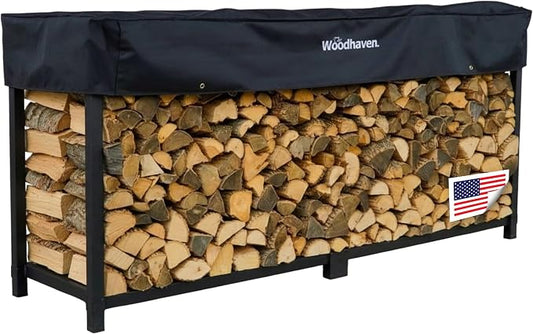 Woodhaven 8-Foot Firewood Rack – American Brand – 1/2 Cord Raised Lumber Storage Rack – Keeps Wood Dry & Ready – Heavy-Duty Steel, Lifetime Structural Warranty (With Cover)