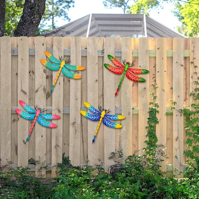 Metal Dragonfly Wall Decor, 4 Pack 13 inch Metal Dragonflies Wall Hanging Sculpture Decorations for Outdoor, Yard Patio Fence Garden Outside Exterior Decor