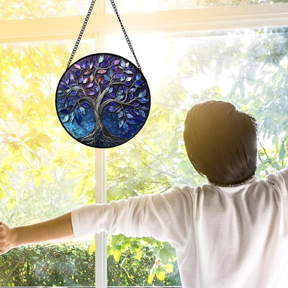 DASTOLL Stained Glass Window Hanging, Blue Purple Tree of Life Sun Catchers Colorful Glass Panel Plants Suncatcher Decor for Birthday for Women,Men,Wife, Lovers, and Mom 6.3 in