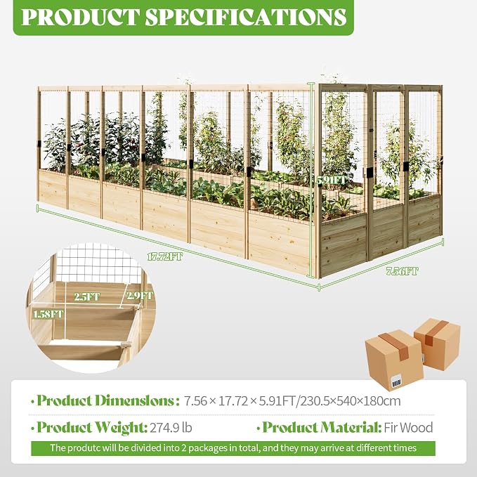 PaPaJet Wooden Raised Garden Bed for Outdoor, Deep Large Planter Box with Netting for Gardening, Vegetables, Flowers, Herbs（7.5× 17.7× 5.9FT）