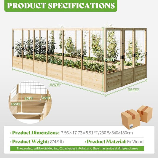 PaPaJet Wooden Raised Garden Bed for Outdoor, Deep Large Planter Box with Netting for Gardening, Vegetables, Flowers, Herbs（7.5× 17.7× 5.9FT）