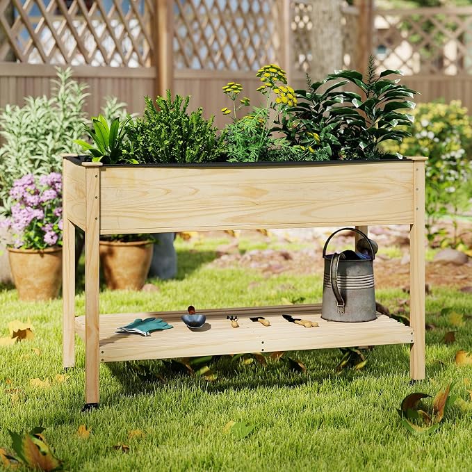 S AFSTAR Wooden Raised Garden Bed with Wheels, Elevated Planter Box with Legs, Storage Shelf, Liner & Drainage Holes, Indoor Outdoor Patio Gardening Box for Vegetable, Flower & Herb