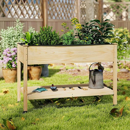 S AFSTAR 2 Pieces Wooden Raised Garden Bed with Wheels, Elevated Planter Box with Legs, Storage Shelf, Liner & Drainage Holes, Indoor Outdoor Patio Gardening Box for Vegetable, Flower & Herb